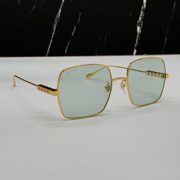 NEW GG1434S 003 GUCCI GOLD GREEN SQUARE METAL WOMEN GUCCI SUNGLASSES - Picture 5 of 13